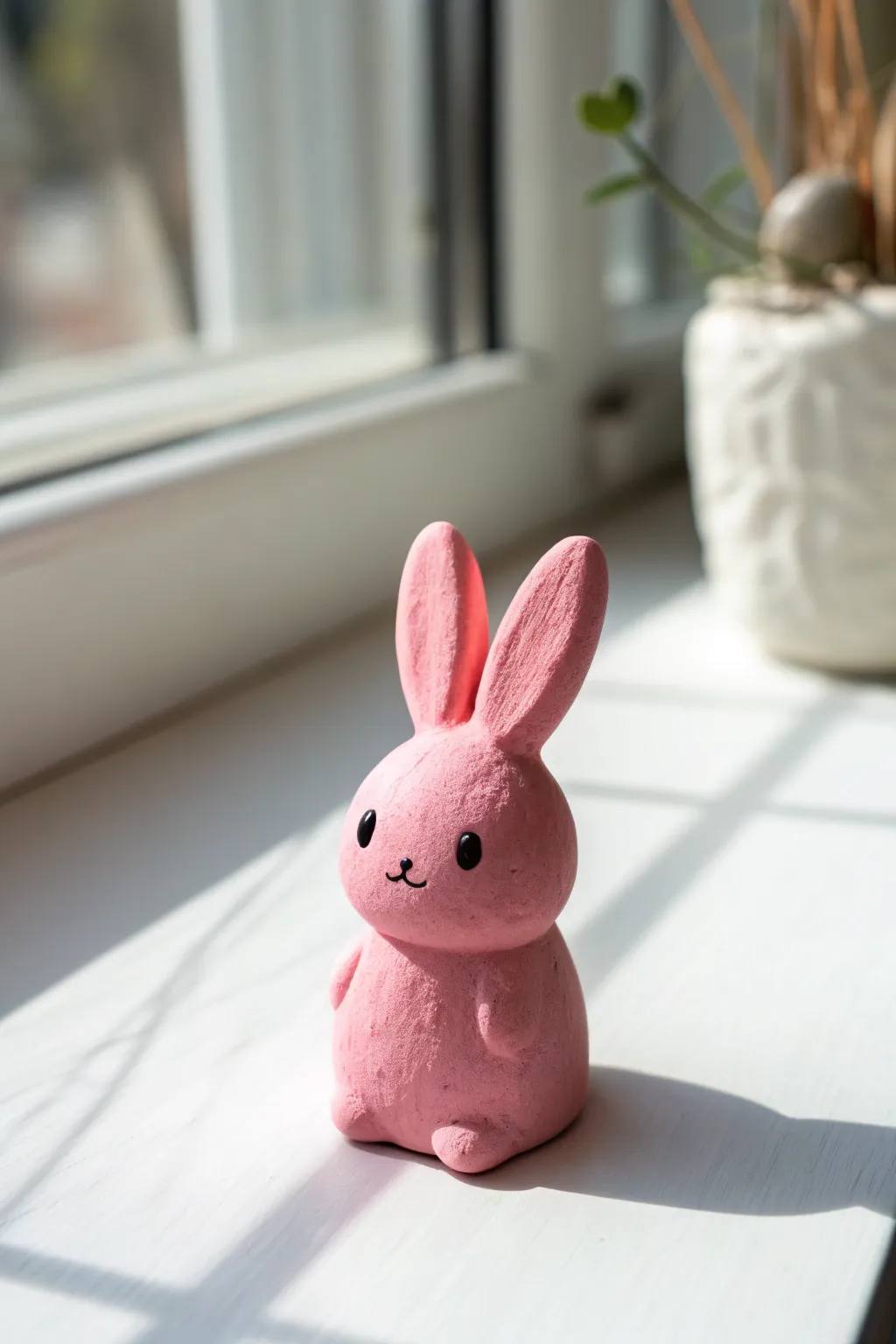 Sweet pink bunny pocket figurine in air dry clay, minimalist and boho, perfect desk charm.