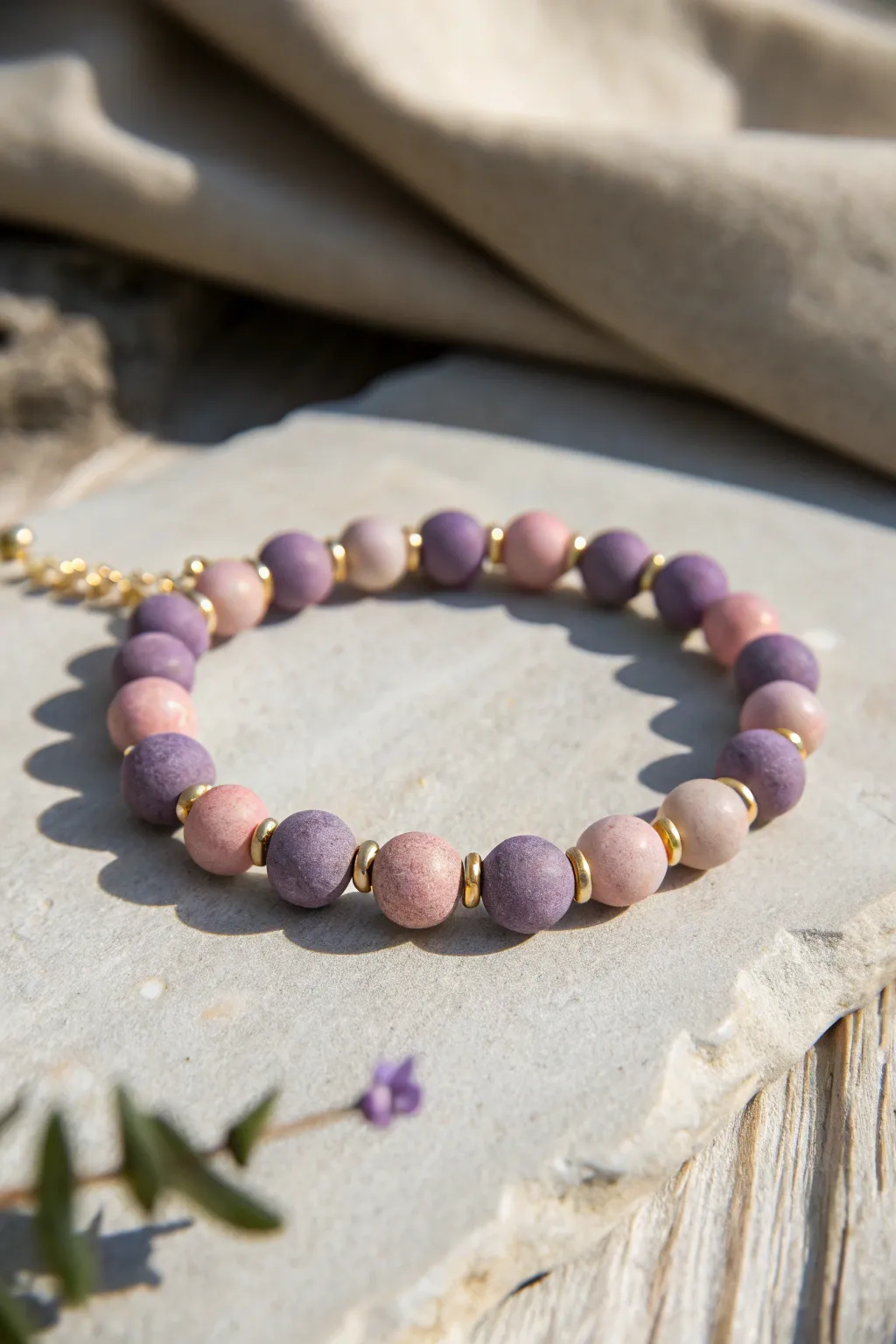 Lavender and blush clay bead bracelet with airy spacing for an effortless minimalist boho look.