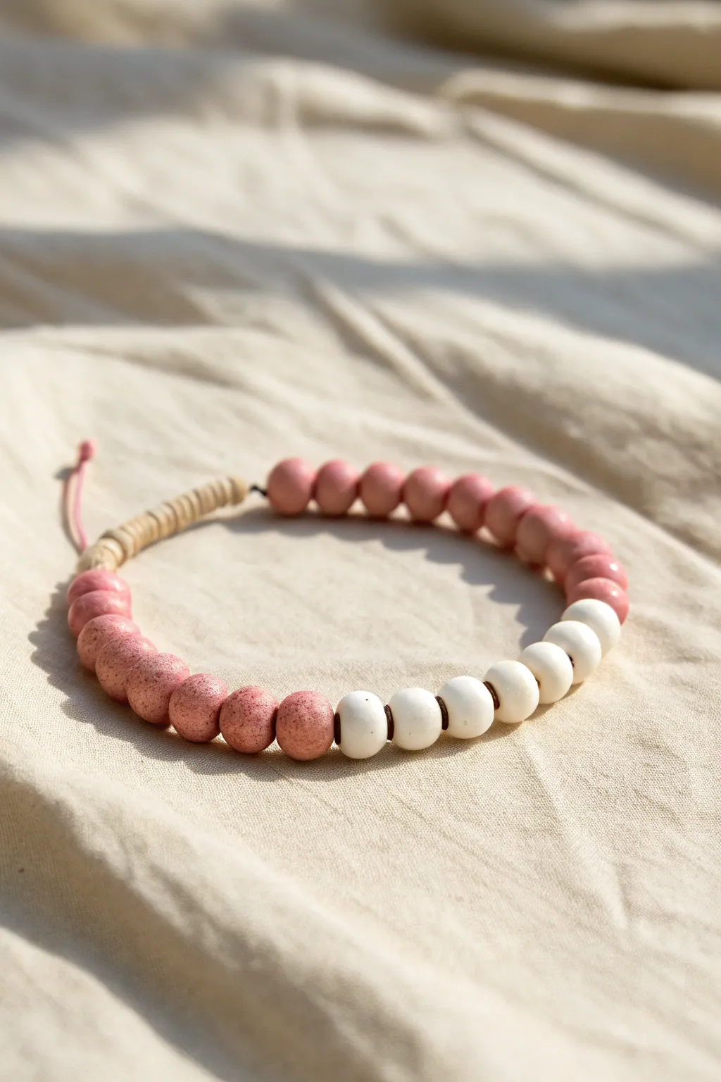 Blush pink and crisp white clay beads in a bold color block bracelet, simple and striking.
