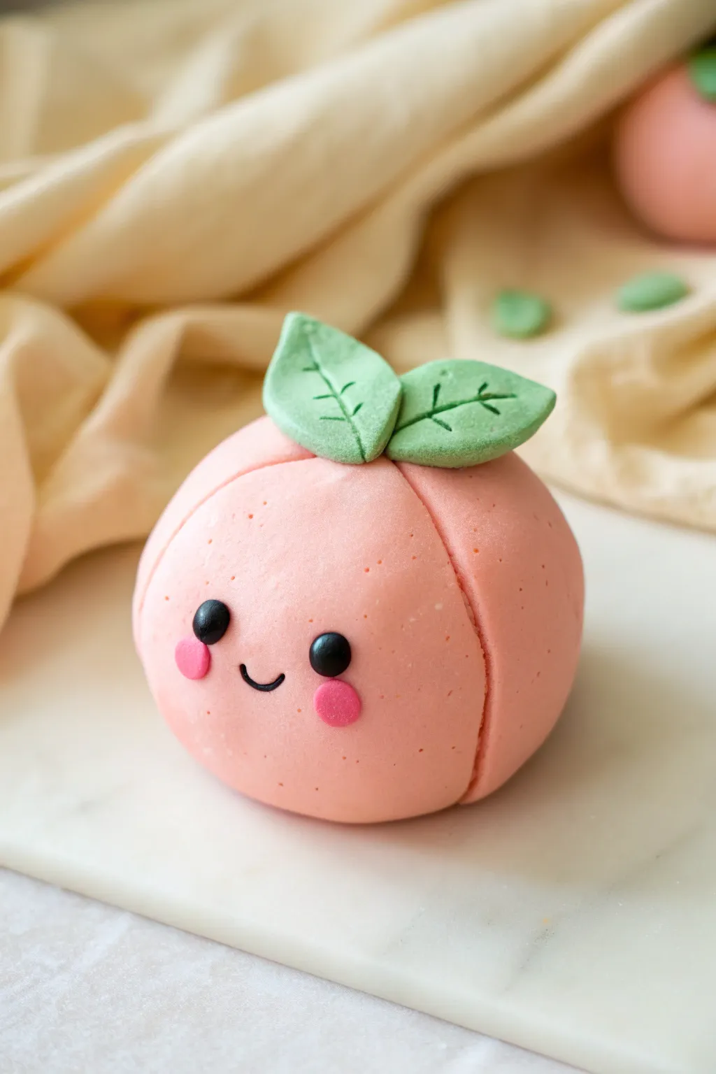 Adorable pink clay peach with rosy cheeks and green leaves, minimalist yet bold and cute