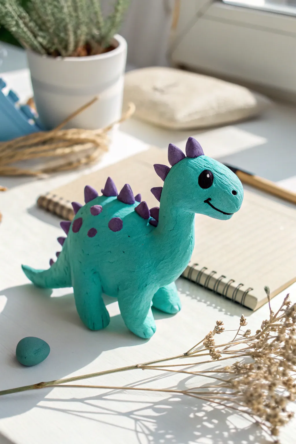 Teal chubby plasticine dino desk buddy, a playful pop of color for minimalist workspaces.
