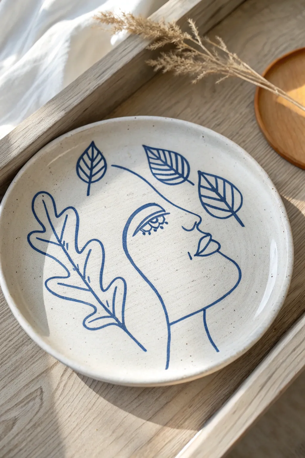 Minimal line-art doodle on a white plate, a simple pottery painting idea with bold contrast