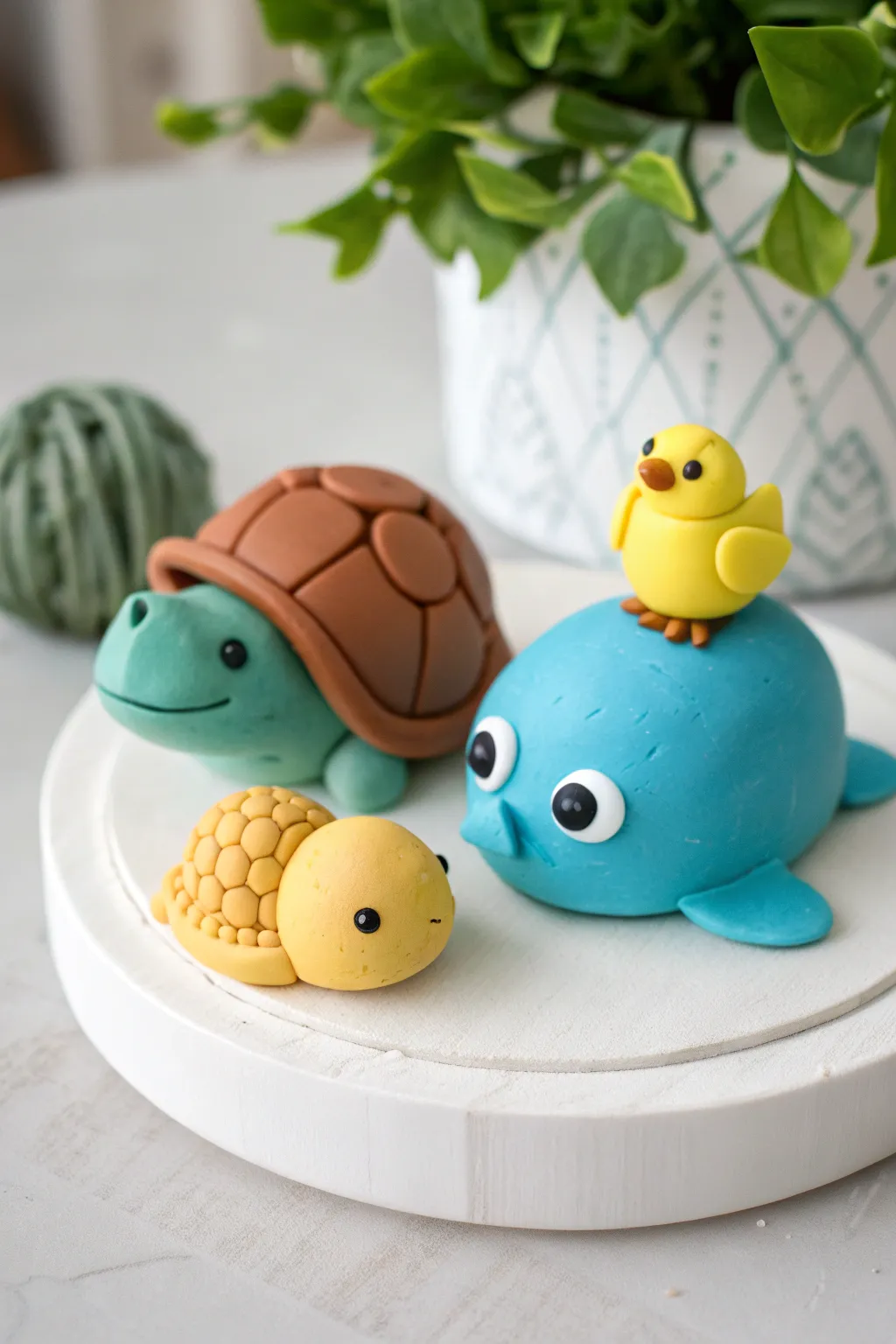 Simple play-clay turtle, whale, and chick set in bold colors on a clean Scandinavian backdrop.