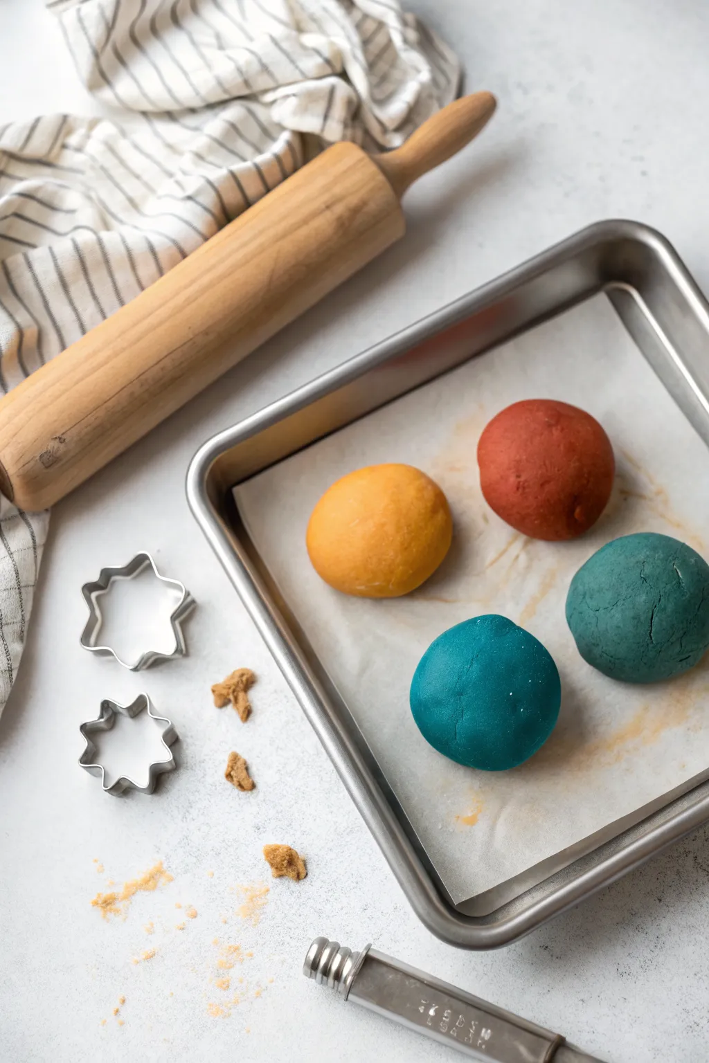 Rimmed cookie sheet playdough station keeps crumbs contained and cleanup effortless.