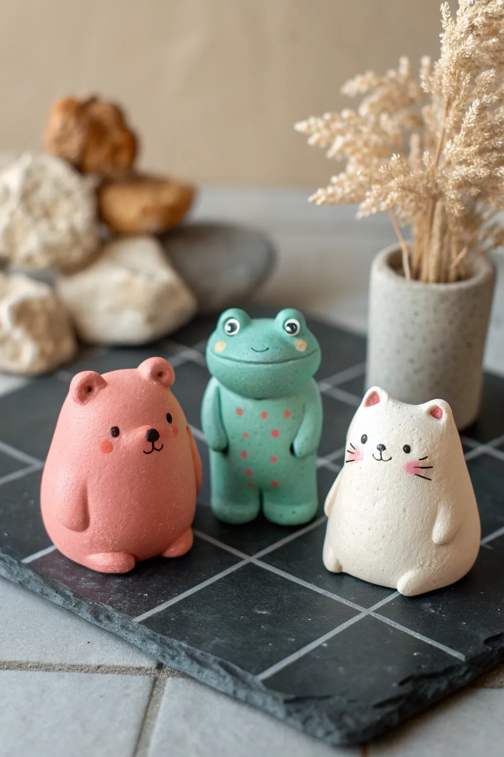 Three cute polymer clay animals in bold minimal colors, an easy beginner figurine idea.