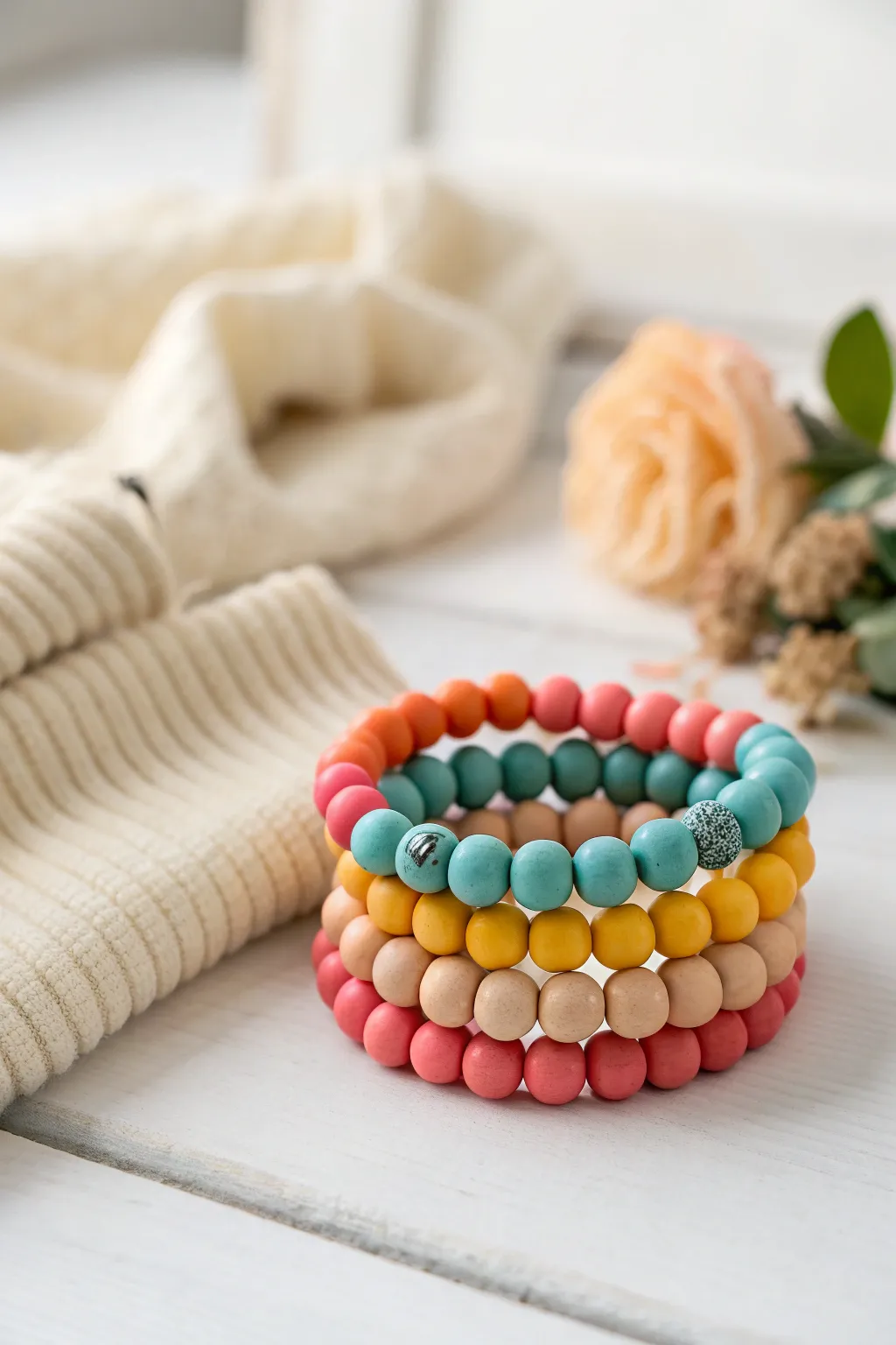 Chunky polymer clay bead bracelets in happy colors, cozy and minimal, perfect DIY inspiration.