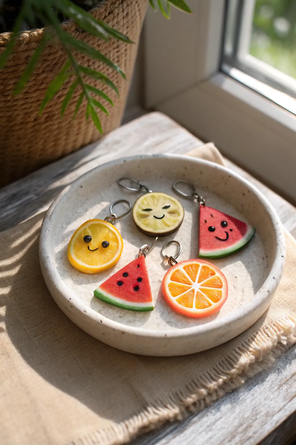 Collectible kawaii fruit slice charms in bold clay colors, styled minimal for a sweet pop of joy.
