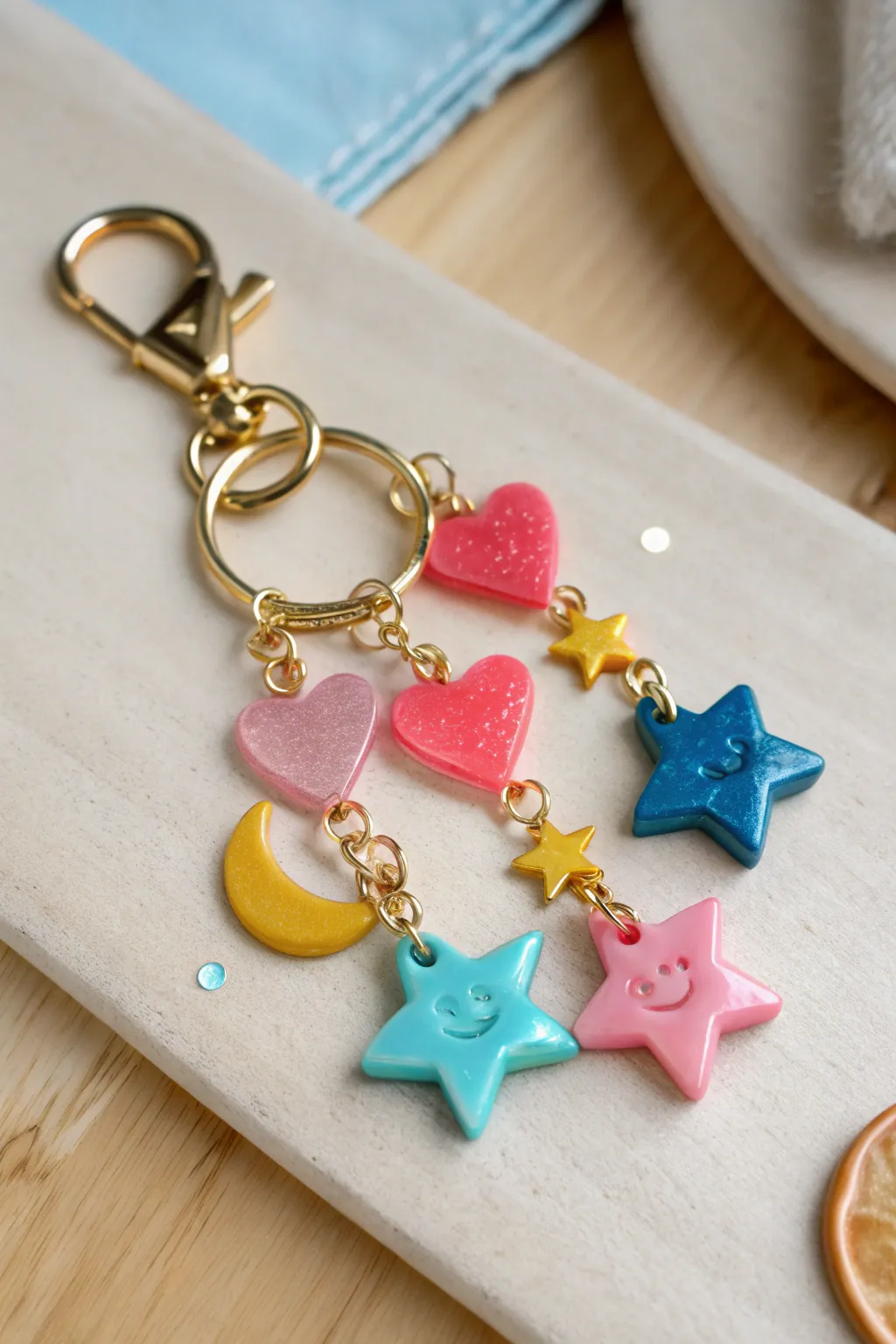 Bright polymer clay charm keychain sealed in clear resin, minimalist Nordic styling with boho warmth.