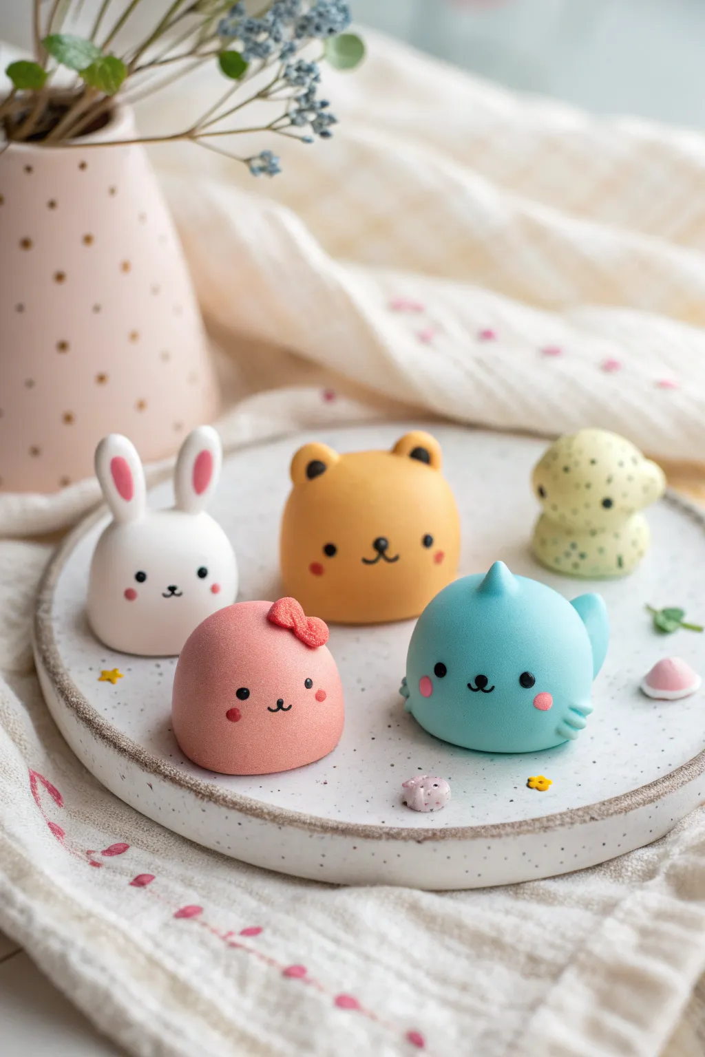 Cute kawaii polymer clay mini animals lined up in bold colors on a soft pastel Scandinavian backdrop.