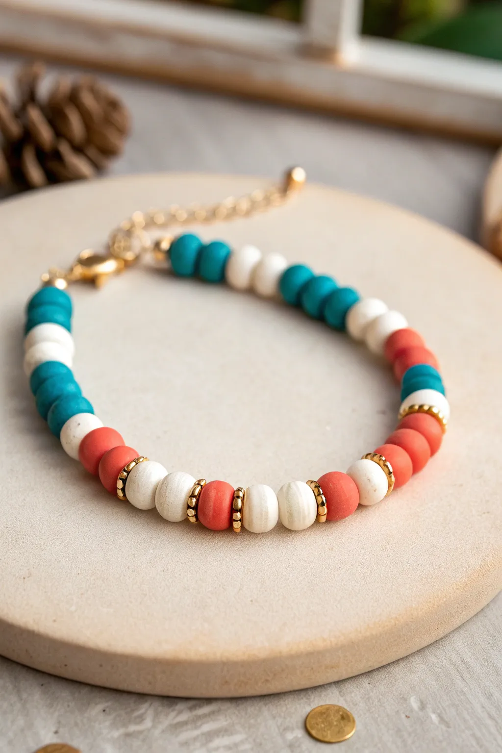 Bold color-blocked polymer clay bracelet with shiny gold spacers for a crisp, modern look