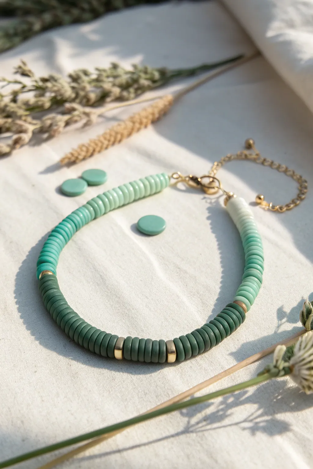 Forest-to-mint ombre heishi bracelet with simple polymer clay beads and a fresh boho fade.