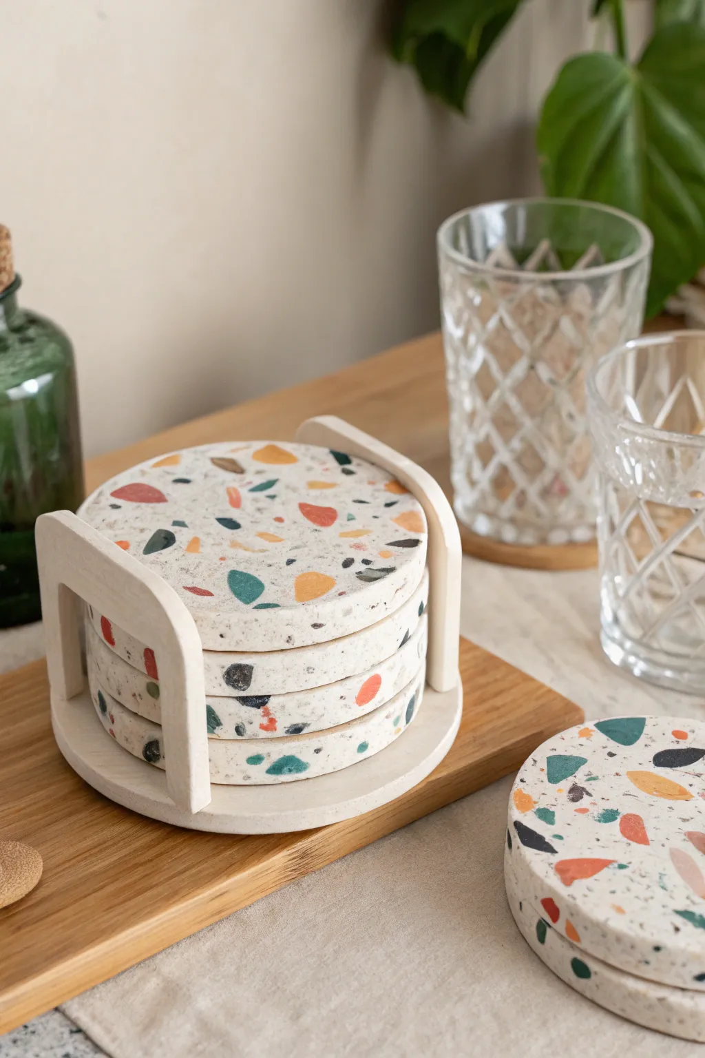 Terrazzo polymer clay coaster set with matching holder, a chic birthday hosting gift idea