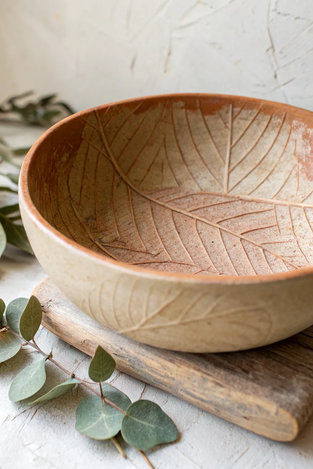 Leaf-imprint polymer clay bowl in warm earthy tones, minimalist styling with a fresh botanical sprig
