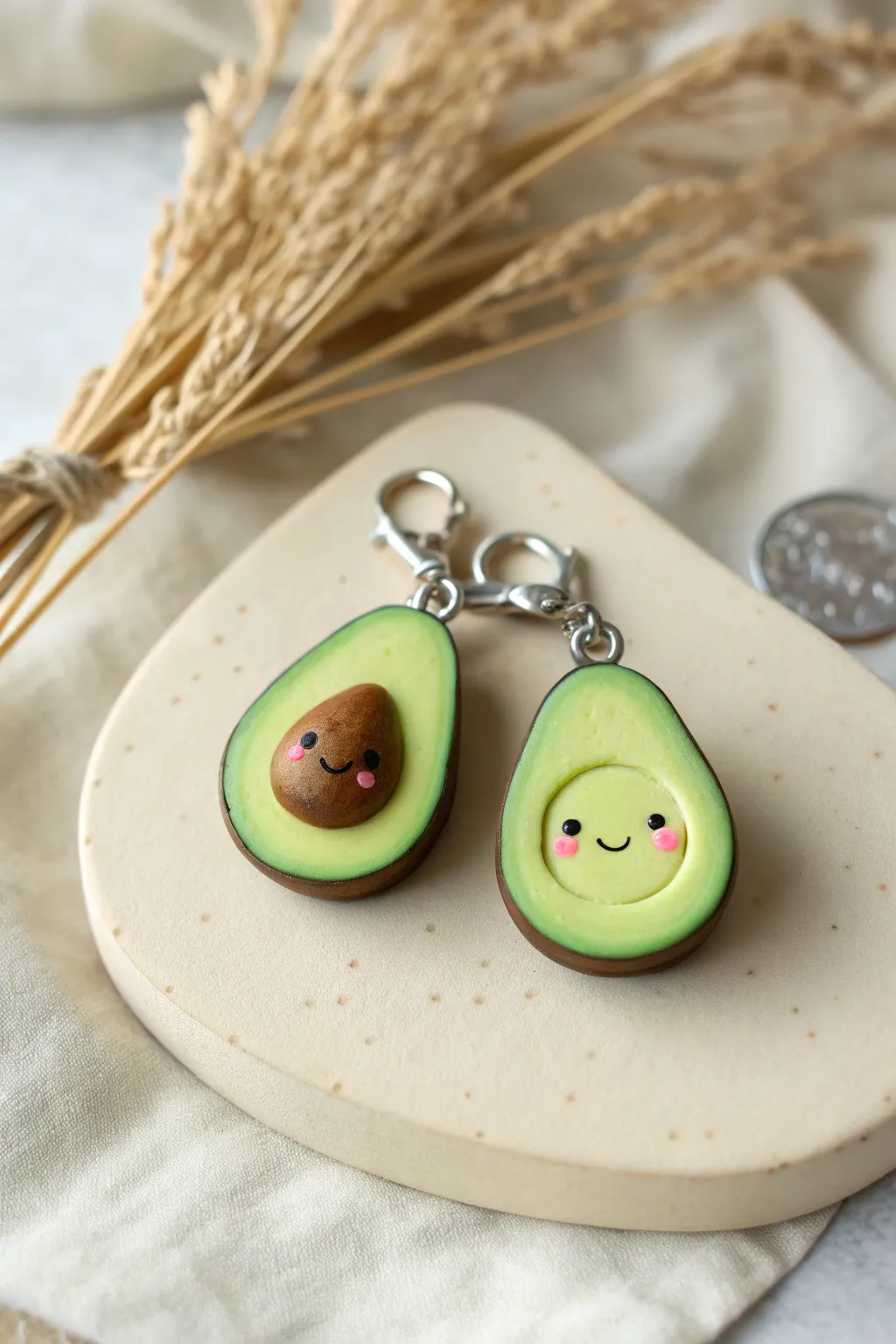 Adorable polymer clay avocado charms with kawaii faces, perfect for keys, bags, and gifts.