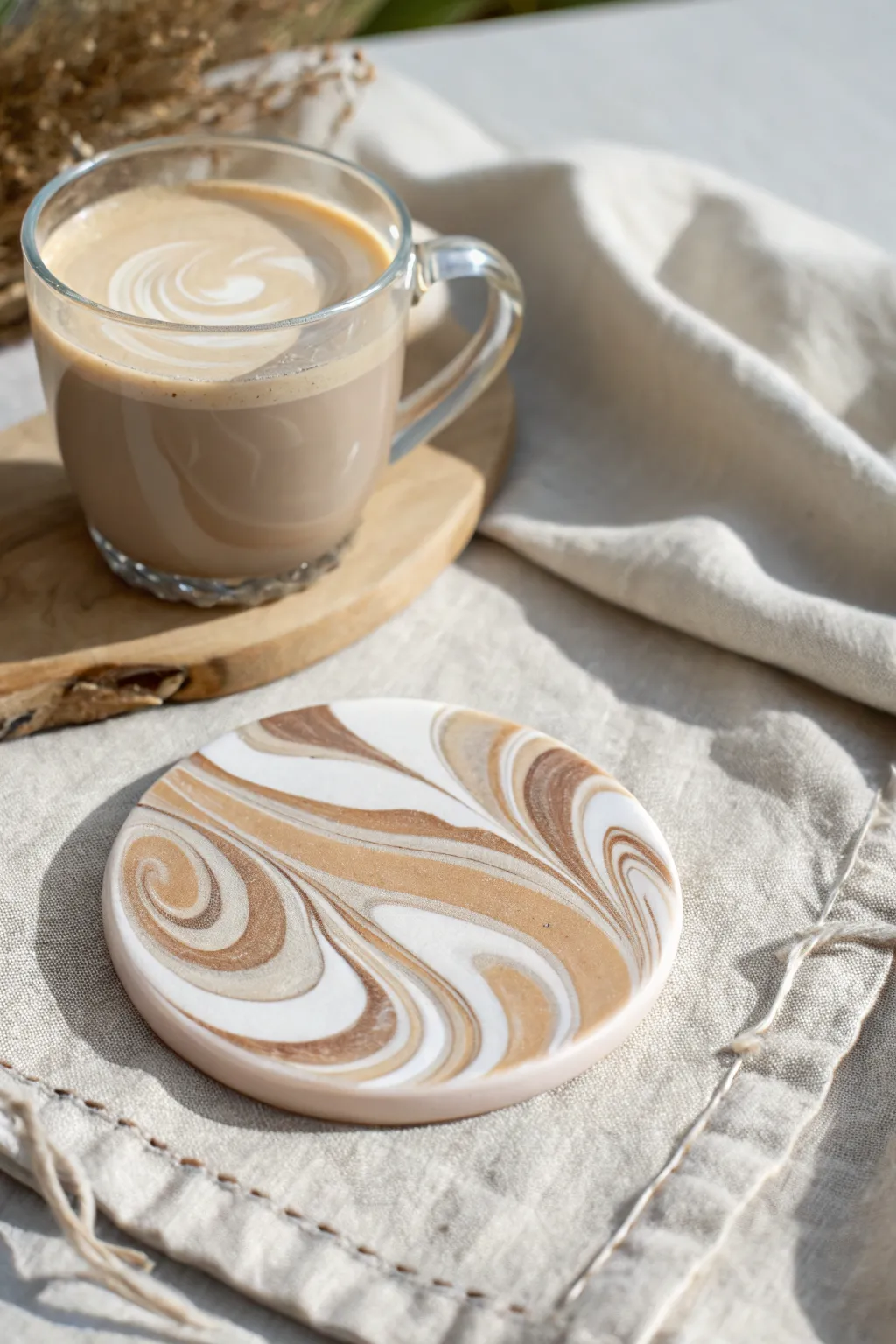Soft neutral swirl polymer clay coaster on linen beside a latte, calm minimalist boho vibe
