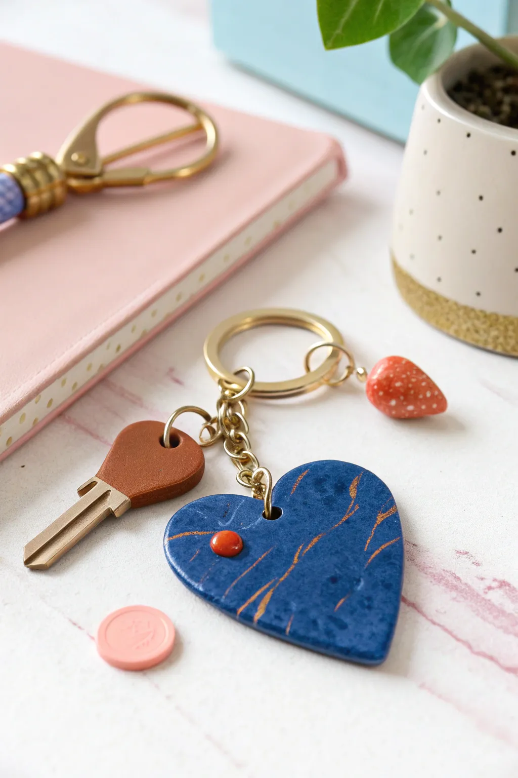 Personalized polymer clay charm keychains in bold colors, minimal shapes, and modern boho style