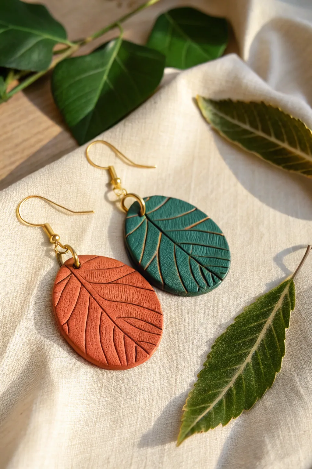 Leaf-imprinted polymer clay drop earrings with crisp veins and a soft satin botanical look.