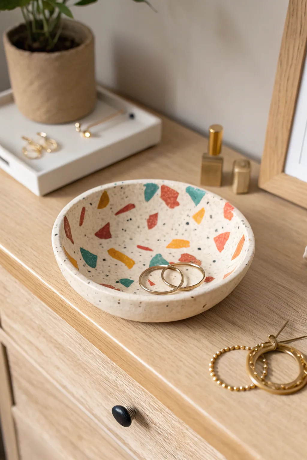 Terrazzo polymer clay trinket dish in bold boho colors, perfect for rings and hair pins.