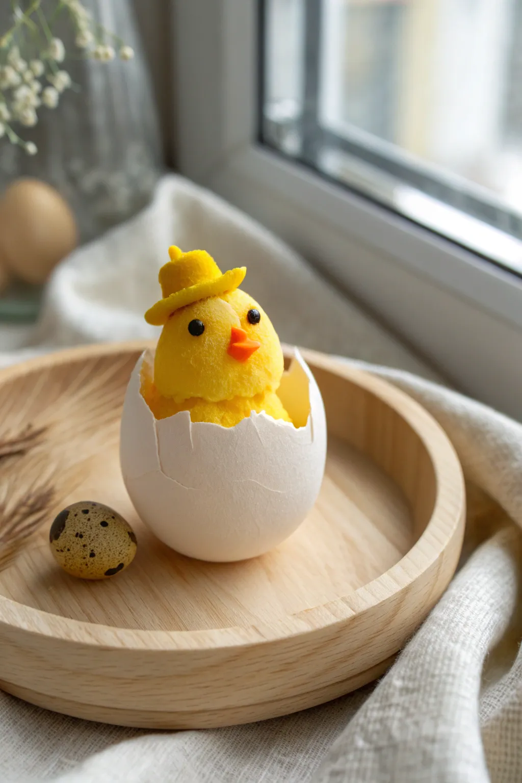 Sweet polymer clay chick hatching from an eggshell, a minimalist Easter detail with boho warmth.