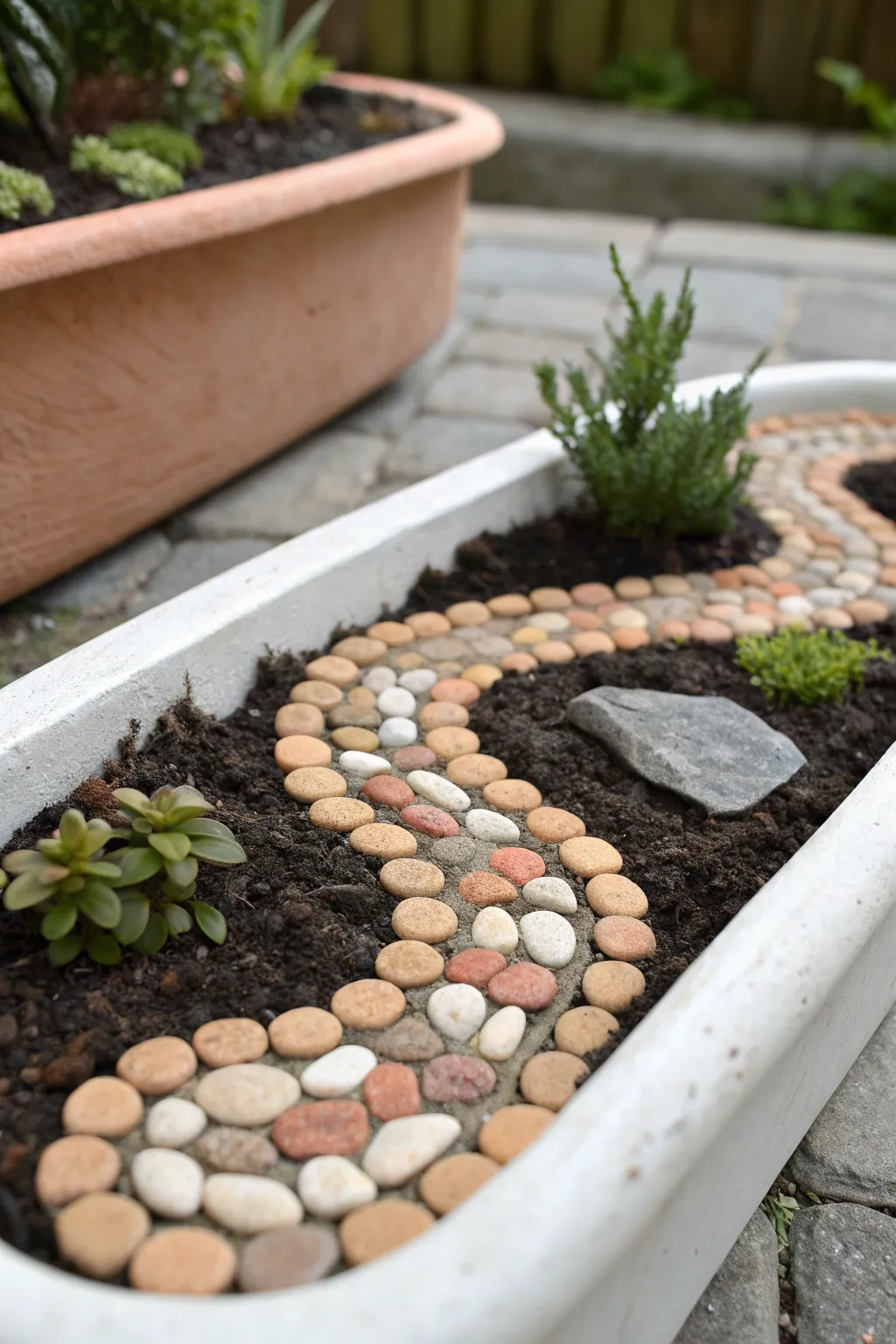 Swirl pebble path tiles in polymer clay, nestled in soil for a simple fairy garden touch.
