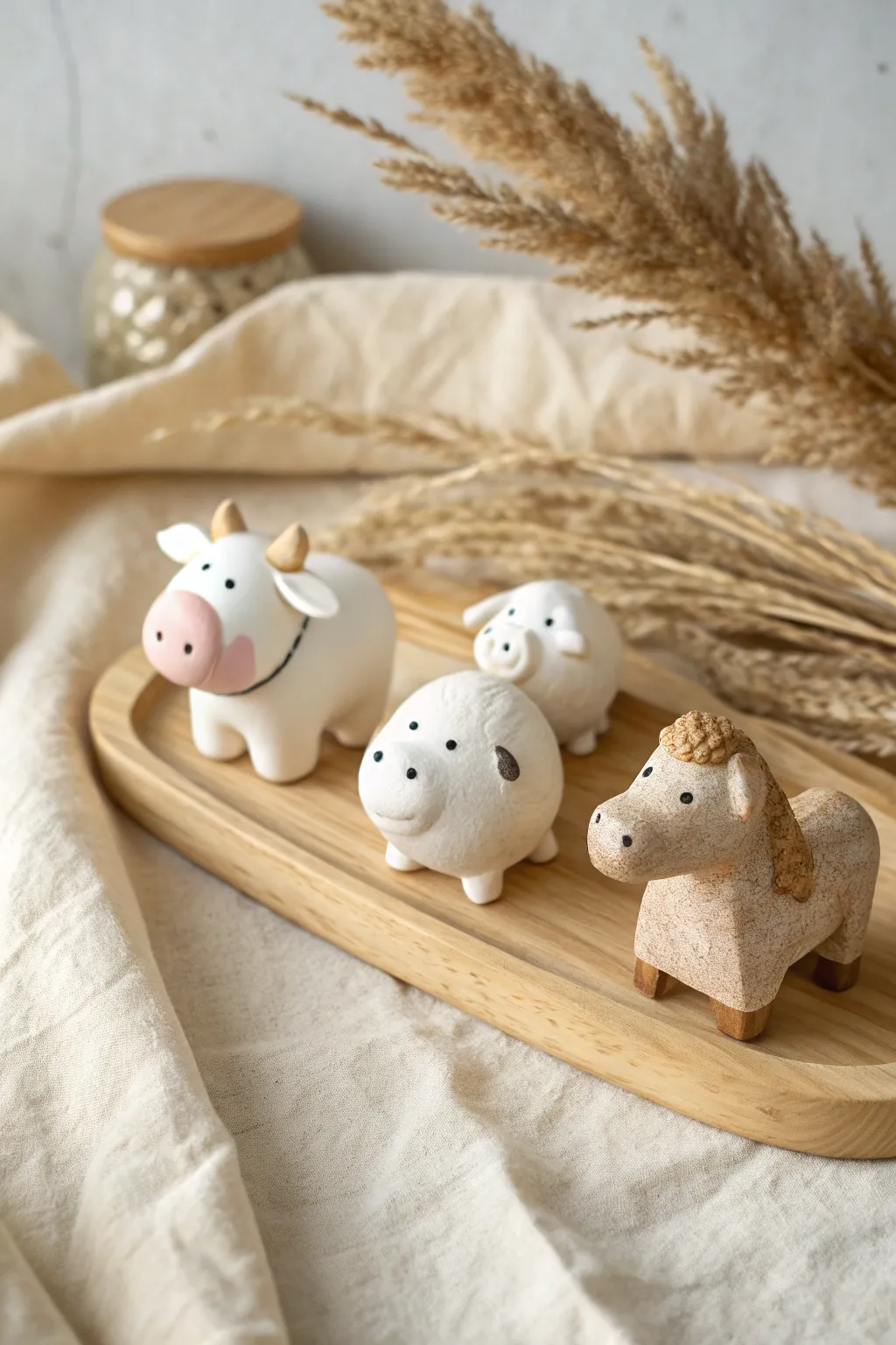 Mini polymer clay farm animal set in clean Scandi style, perfect for cute collectible displays.