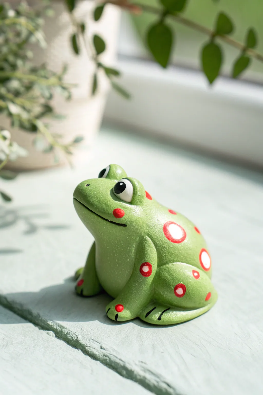 Happy spotty frog figurine in bright colors—simple, playful polymer clay idea to copy.