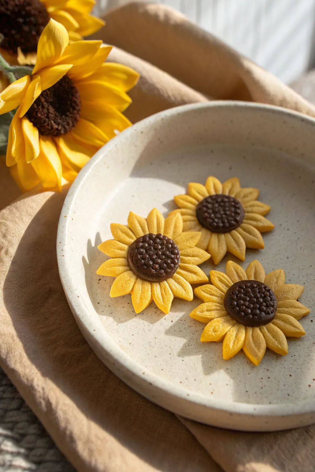 Sunny polymer clay sunflowers with bold yellow petals and textured brown centers, simple and striking.