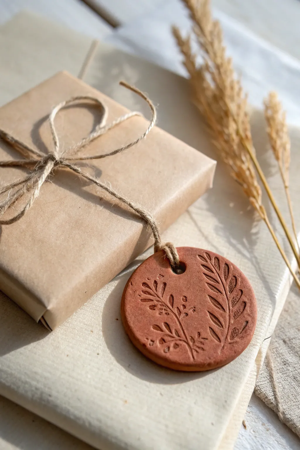 Stamped polymer clay gift tag tied with twine, a minimalist keepsake for any present.