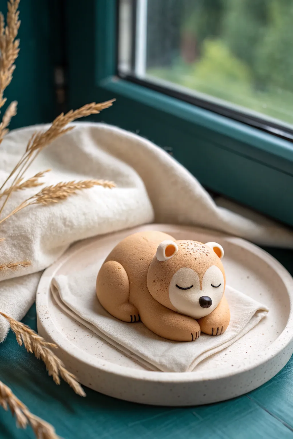 Cozy neutral polymer clay sleepy bear figurine, minimalist woodland vibe for calm crafting inspiration.
