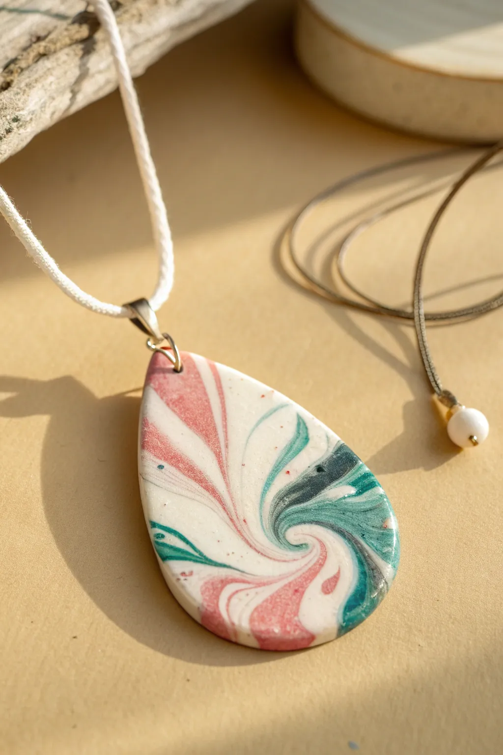 Quick marble-effect polymer clay pendant: bold swirls, simple cord, instant handmade elegance.