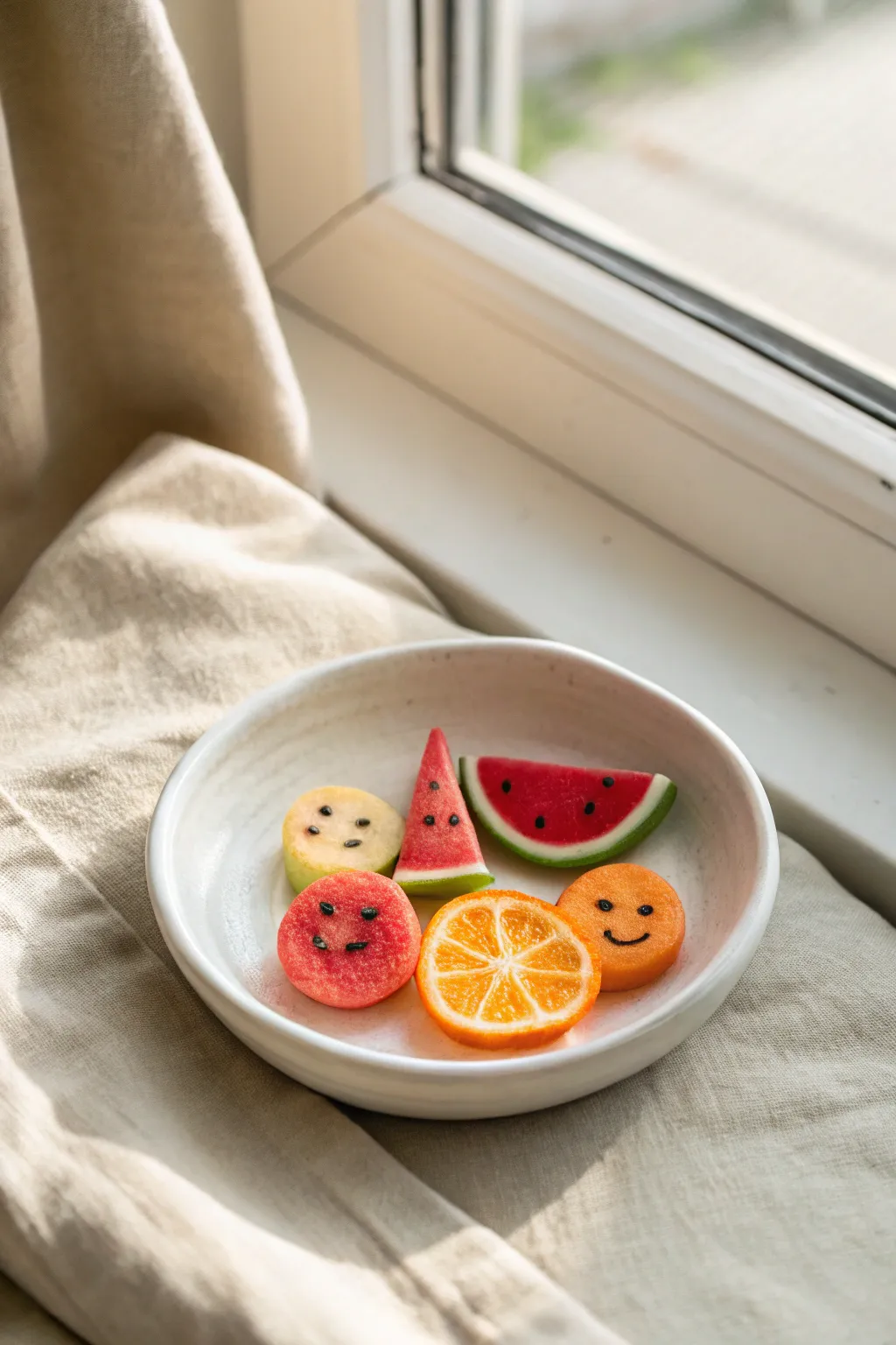 Sweet kawaii polymer clay fruit slice charms on a white plate, perfect beginner project.