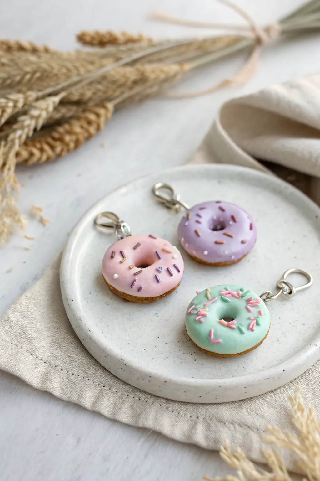 Sweet beginner-friendly polymer clay donut charms in pastel tones, clean and minimal.