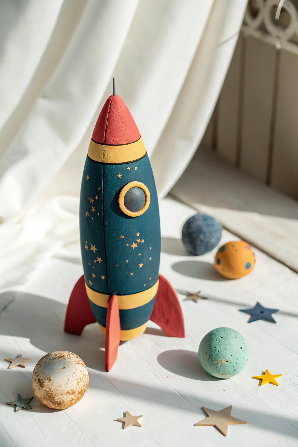Simple polymer clay rocket with marbled planets in bold colors, a fun space idea for boys