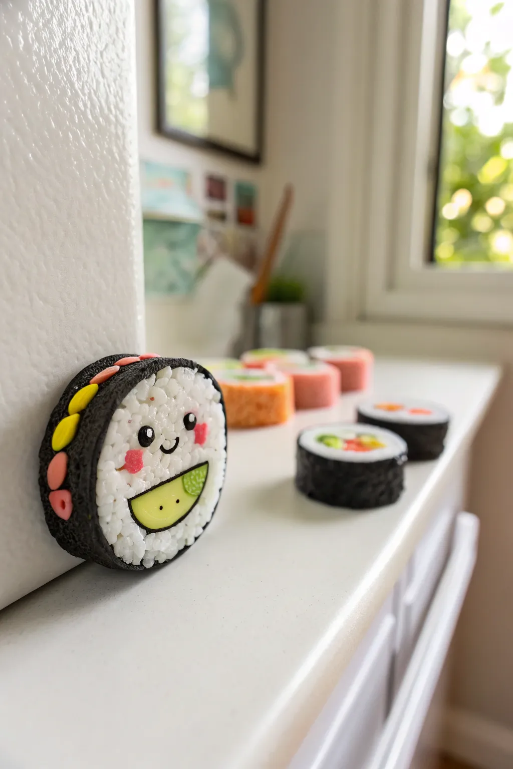 Cute polymer clay sushi roll magnet with tiny face, minimalist fridge decor in bold colors