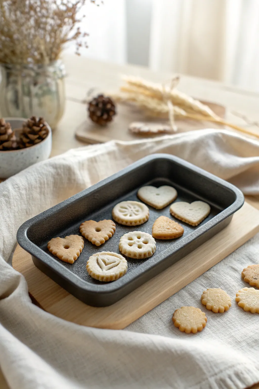 Mini polymer clay cookie tray with mixed shapes, cozy minimalist styling and bold contrast