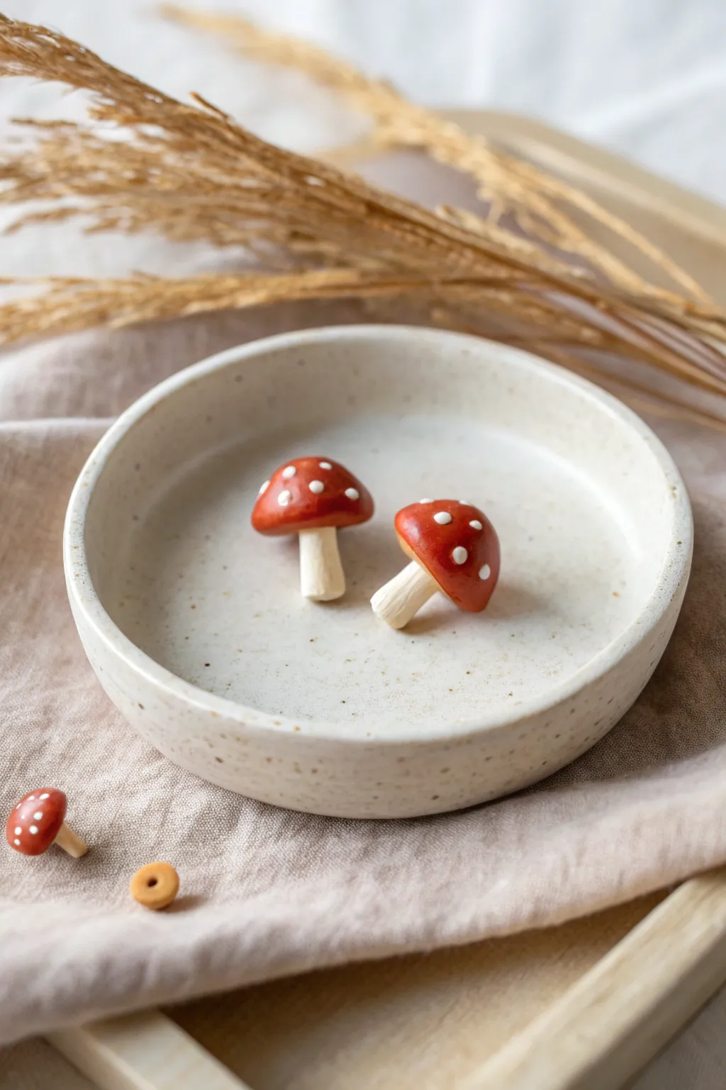 Simple polymer clay mushroom studs on linen and ceramic, minimal, bold, and easy to recreate.