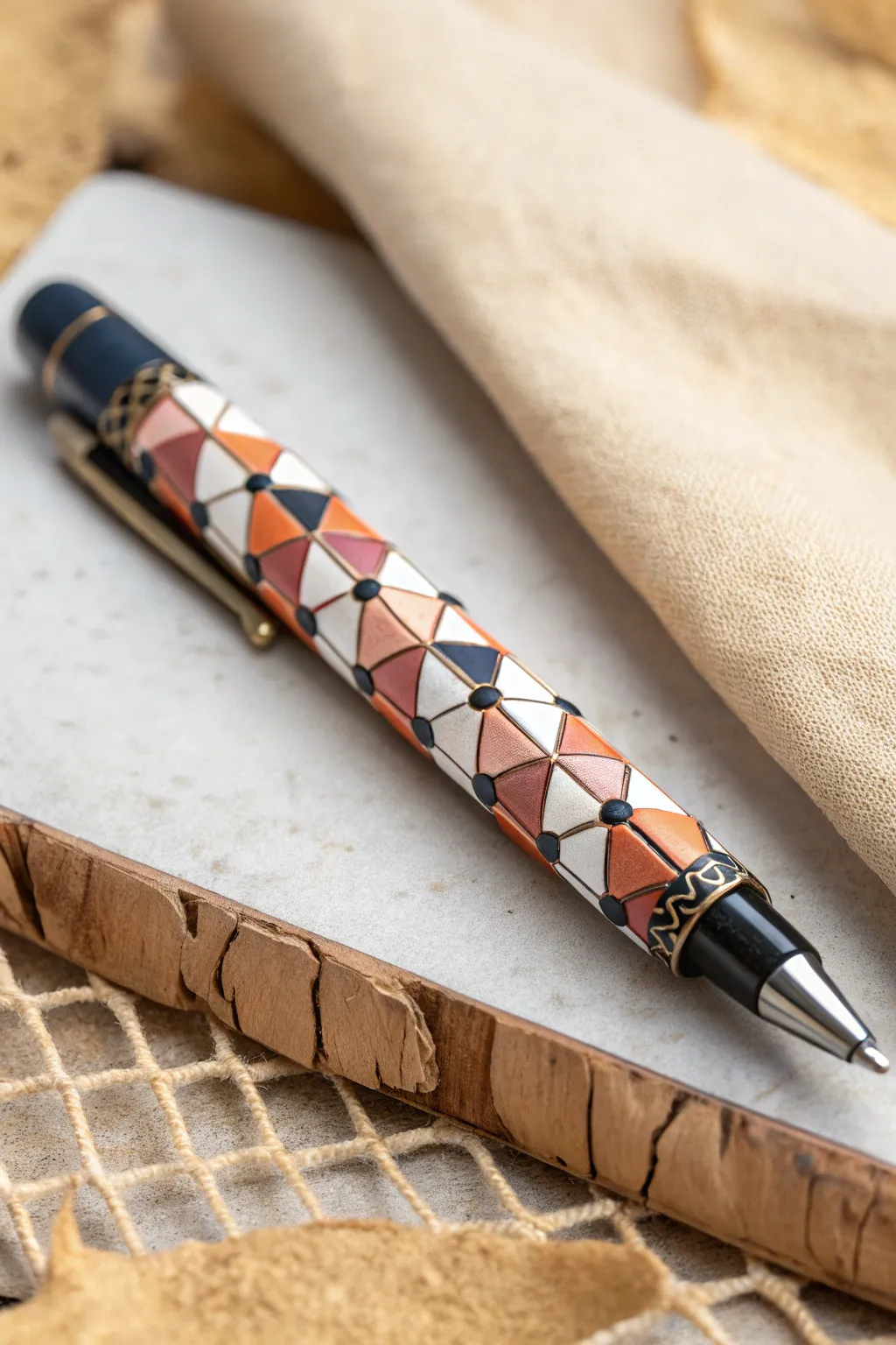 Geometric cane mosaic polymer clay pen with bold color pops and clean Scandinavian calm