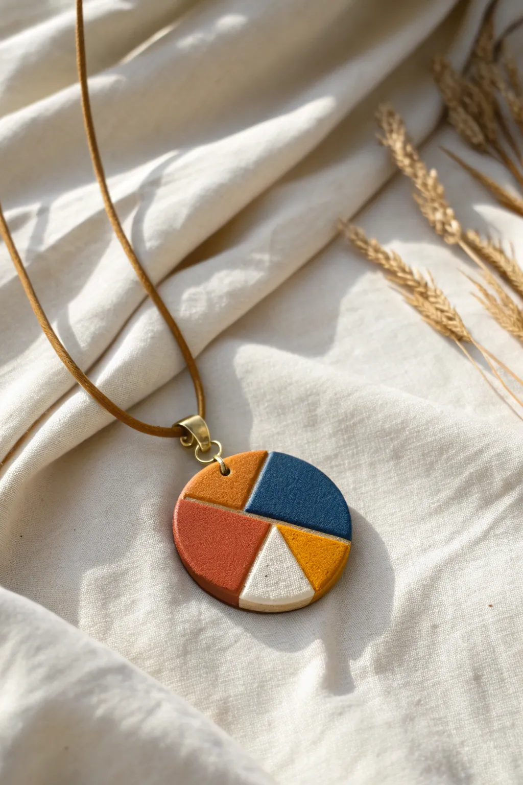 Bold color-blocked polymer clay pendant necklace with crisp edges on soft linen backdrop
