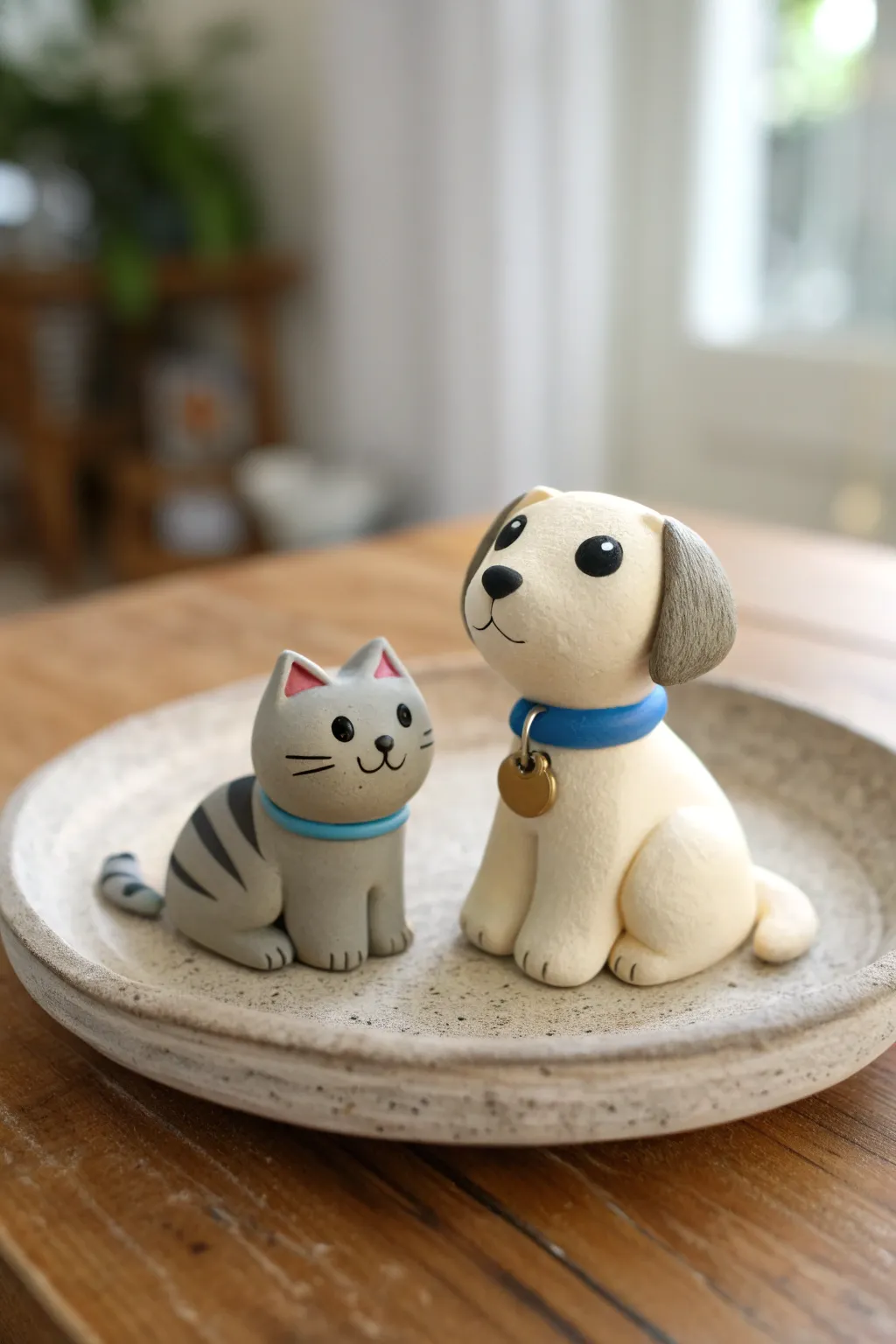 Pocket-sized polymer clay cat loaf and puppy duo, minimalist and boho, bold accent colors.
