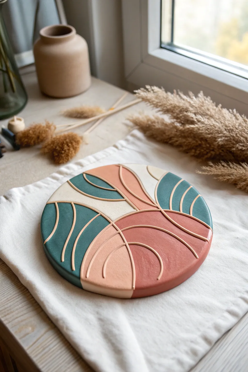 Abstract blob-and-line polymer clay slab with bold color pops and clean minimalist contrast