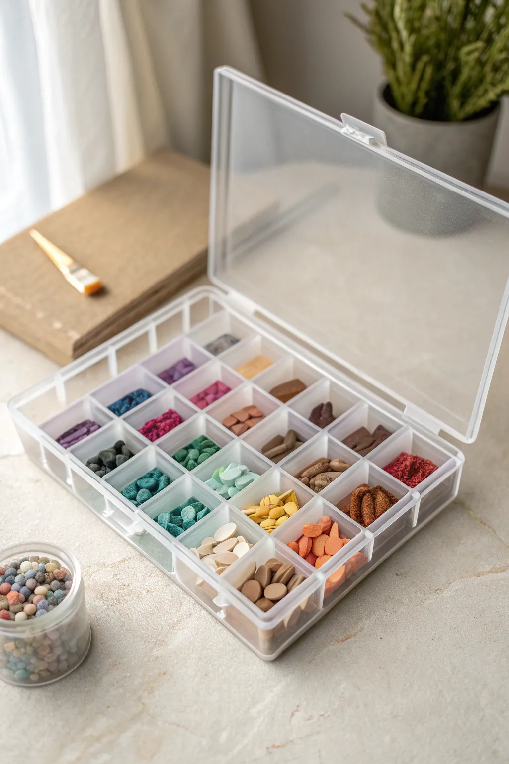Keep tiny polymer clay scraps sorted with a sleek divider box and vibrant color-coded sections.