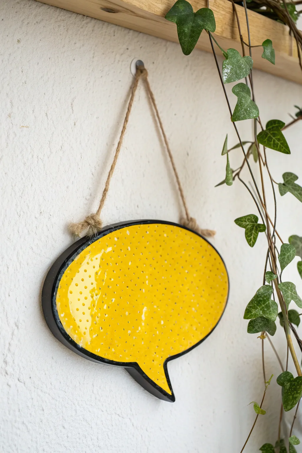 Bright yellow comic speech bubble clay plaque with bold black outlines, minimalist pop art decor
