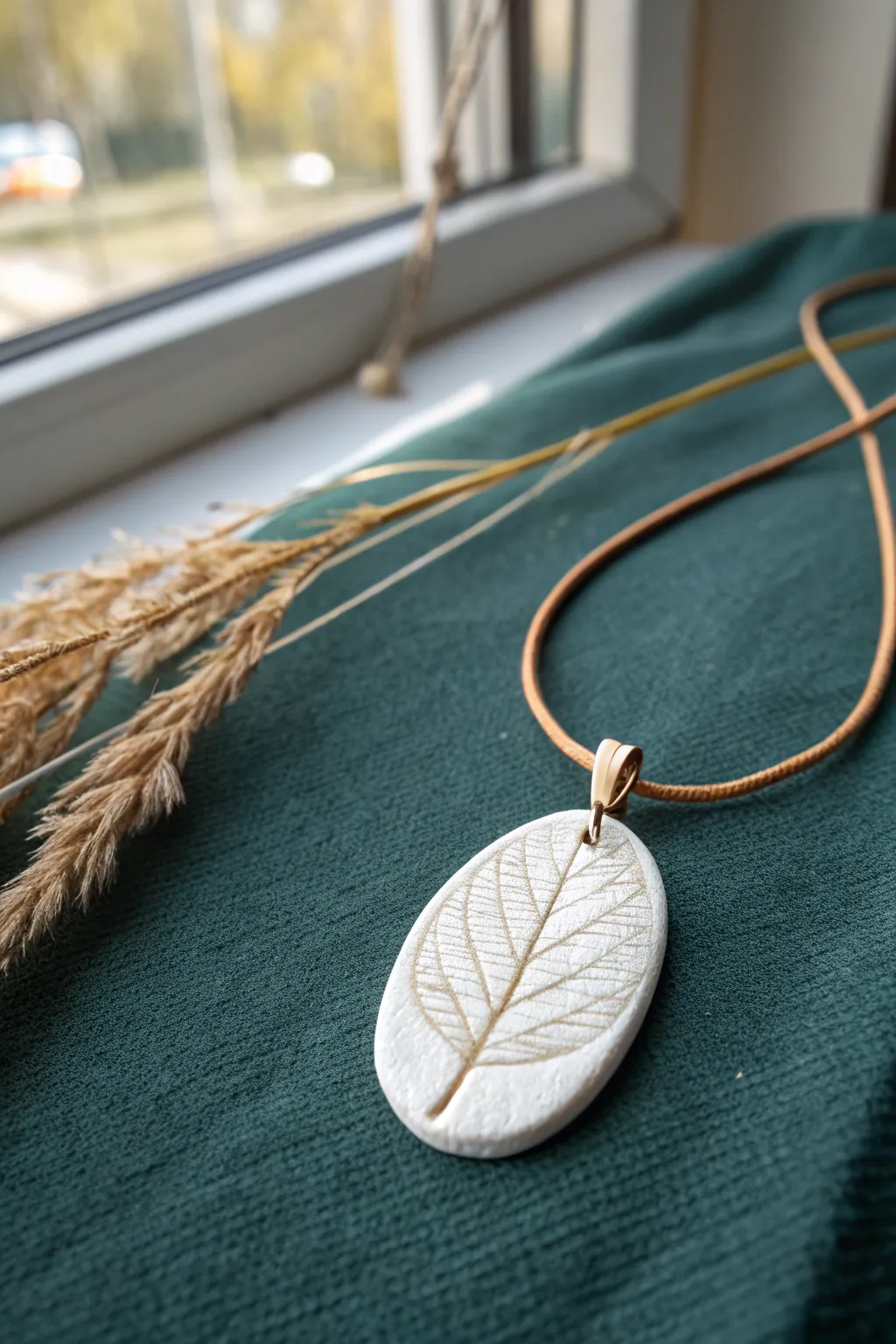 Tiny porcelain pendant necklace with pressed leaf texture on a simple cord, minimalist boho vibe.