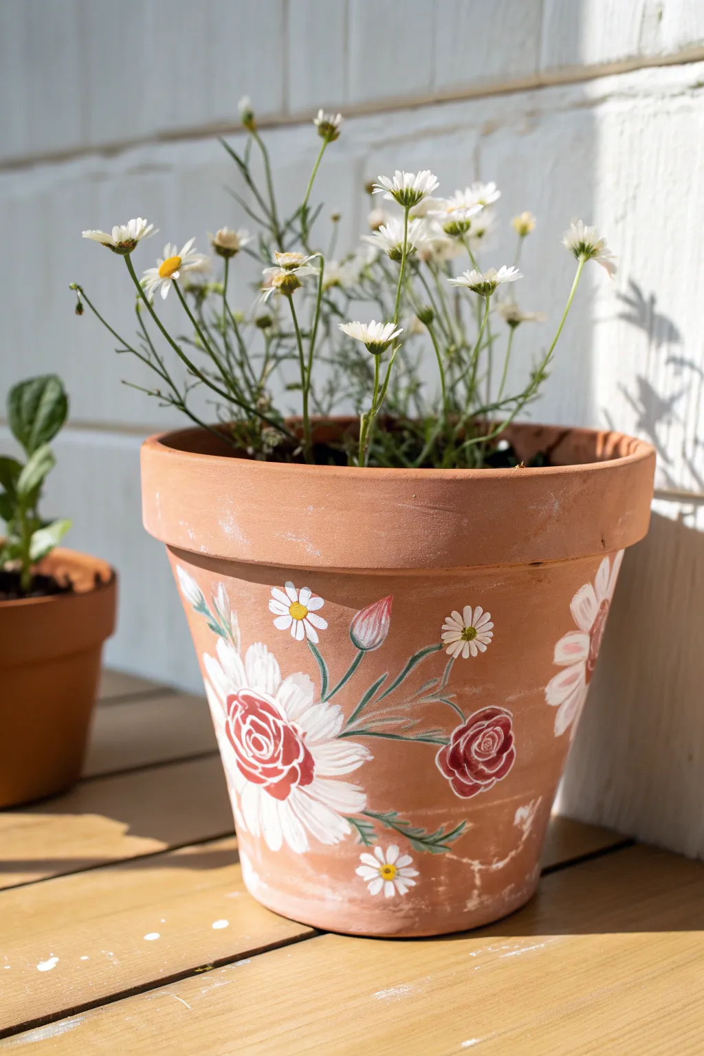 Sweet floral sprays in soft daylight—simple daisies and roses for an easy, charming pot makeover.
