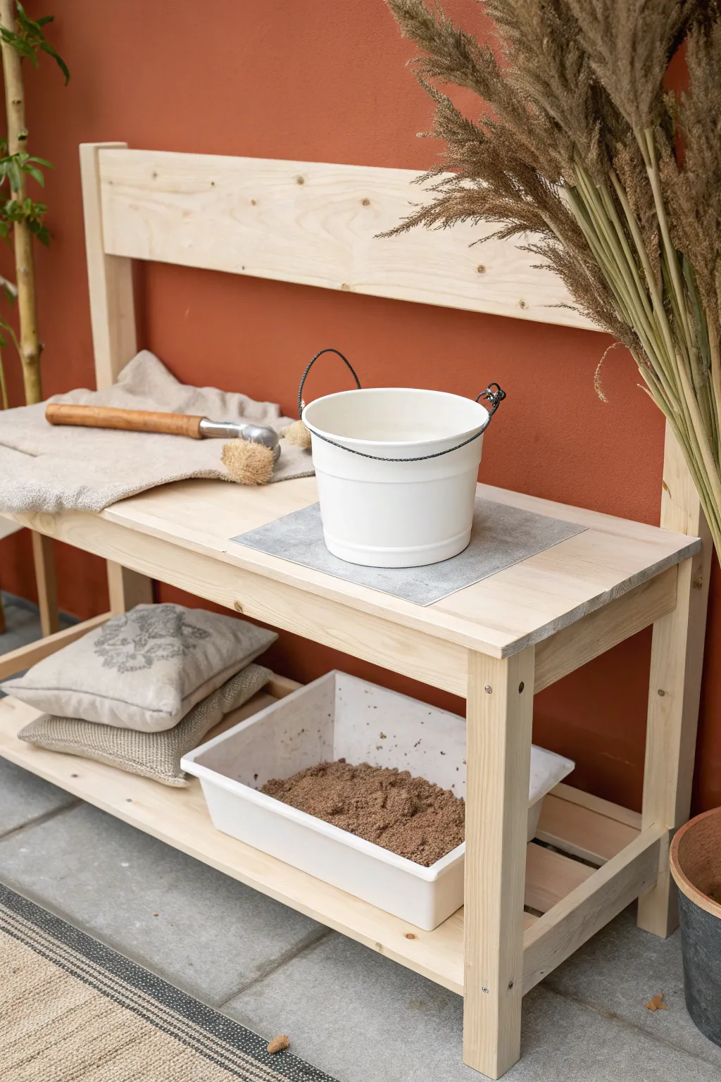 Plaster drop zone bench insert keeps reclaim tidy and ready for recycling under the bench.