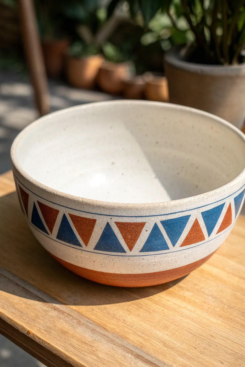 Minimal bowl with bold geometric rim band, Scandinavian calm with a hint of boho color.