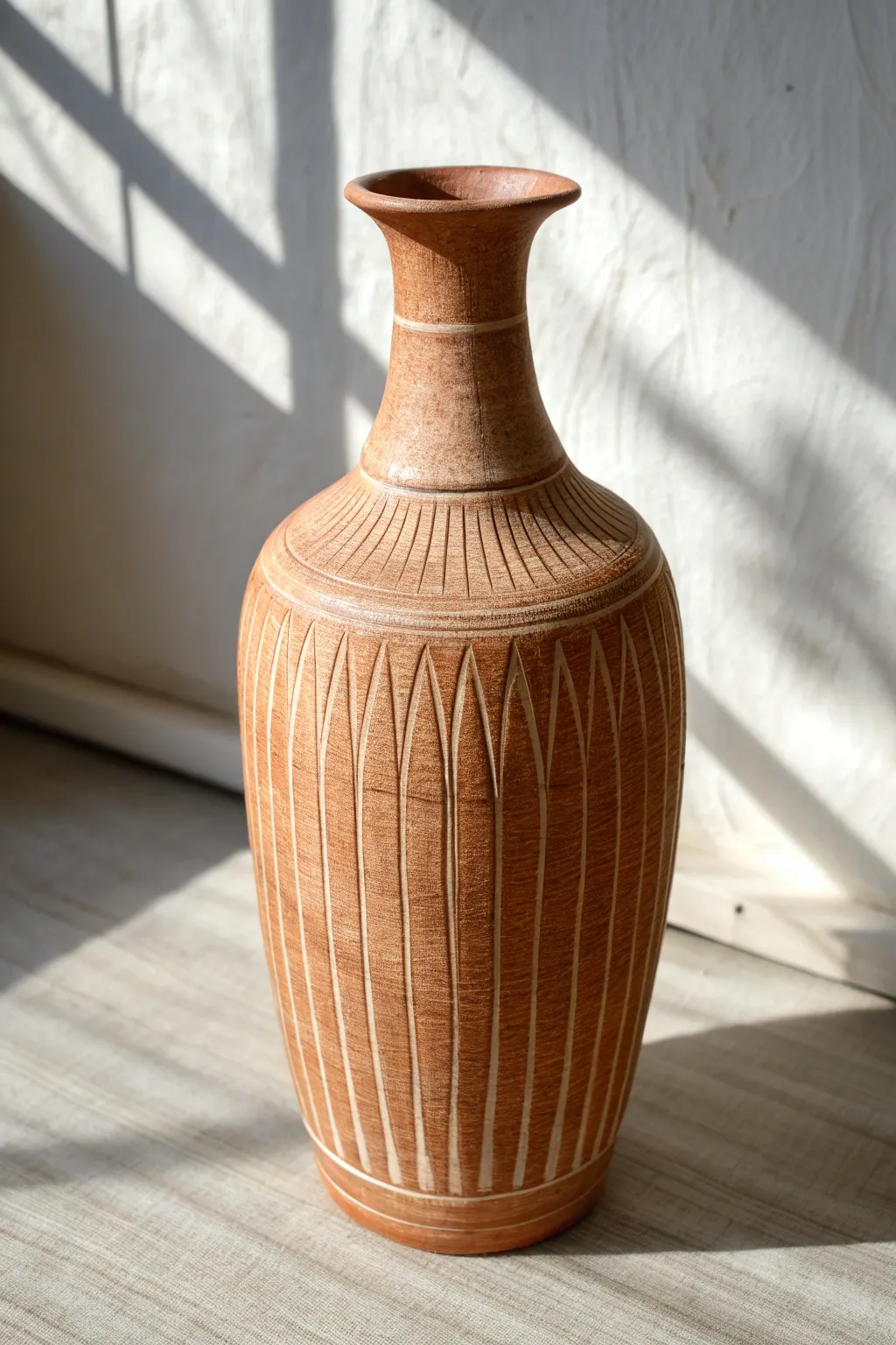 Modern carved stripe vase with thin and thick linework for bold, high-contrast texture