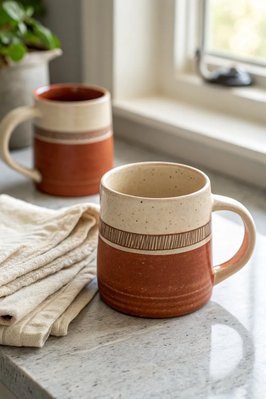 Easy handbuilt mugs with carved stripe bands, one matte and one glossy, styled with linen.