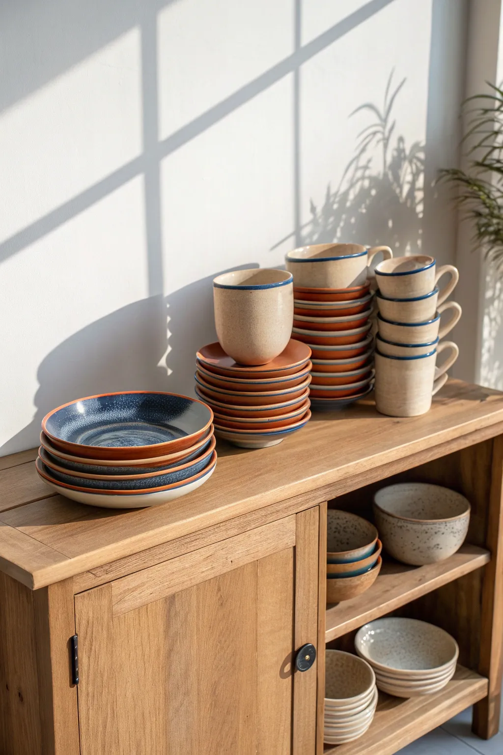 Stacked plates, nested bowls, and mugs create that cozy pottery-shop rhythm on a minimalist sideboard.