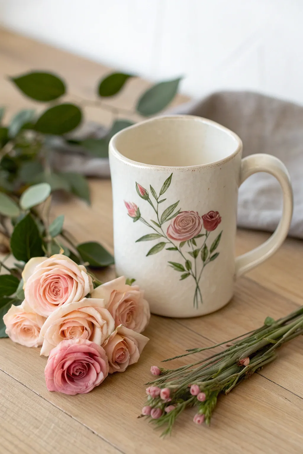 Minimal rose bouquet corner on a clean white mug, soft pinks and sage greens with bold contrast
